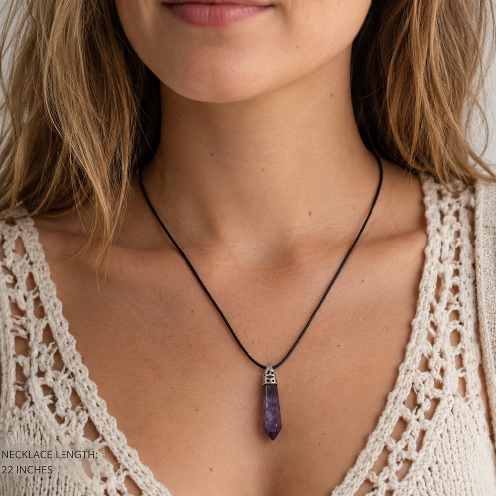 Amethyst Crystal Point Pendant Necklace Purple Stone Black Cord 22-24 Inch Boho